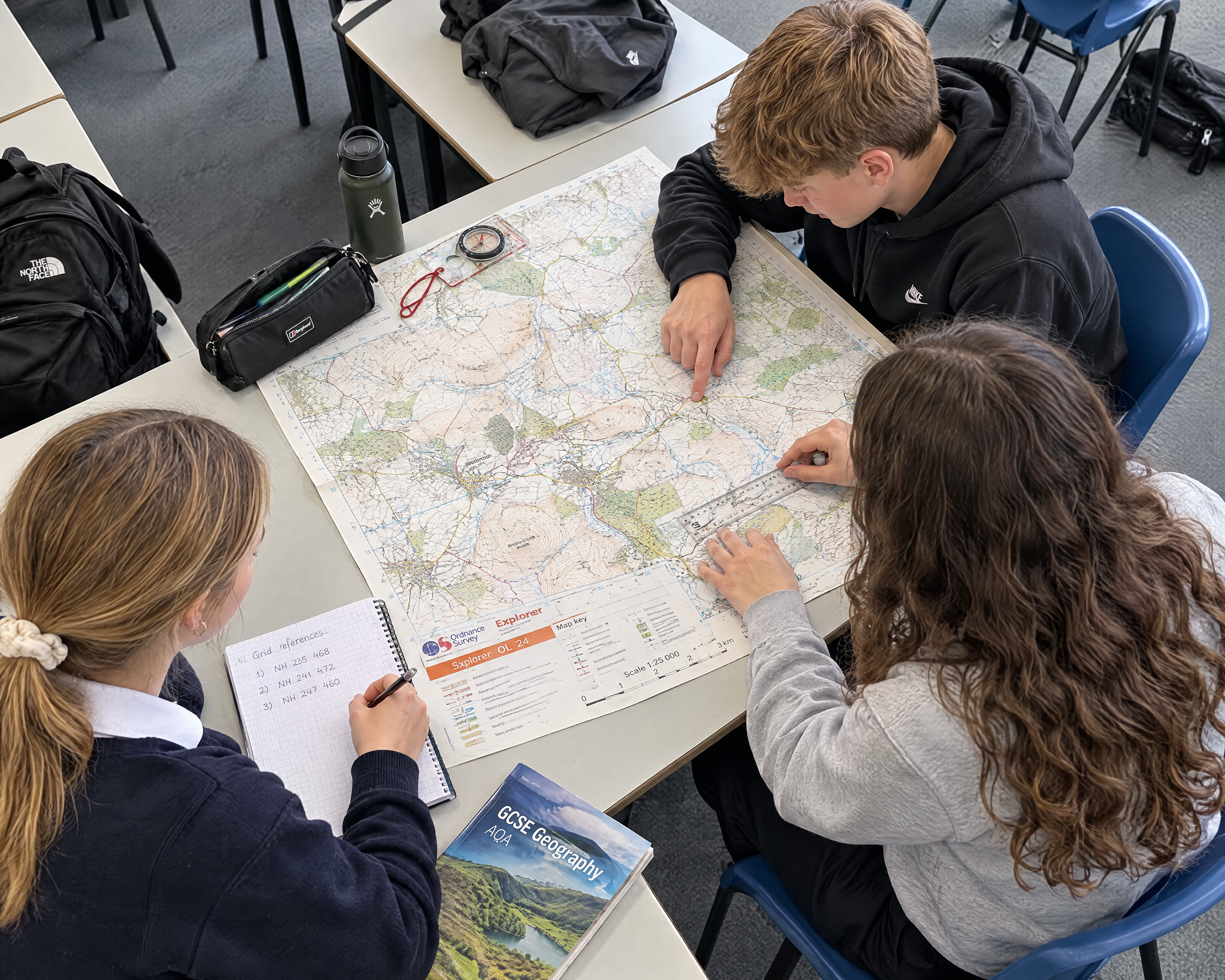 Students exploring a map together